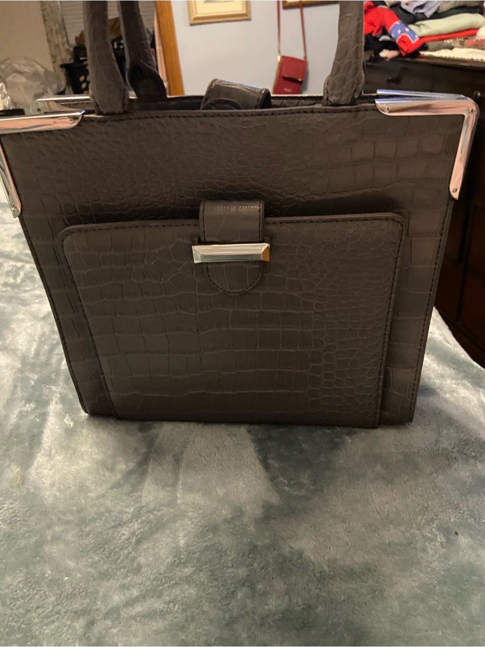 Snob Essentials gray Croc-Embossed Structured Shoulder Bag